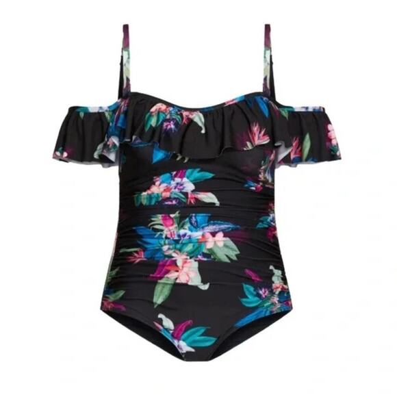 City Chic Elba Tropical Ruffle Off Shoulder One Piece Bathing Suit plus 22 24 2X - Picture 3 of 14